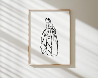 Korean Art Print, Korean Line Drawing Art Poster, Korean Woman Print, Hanbok Art, Digital Print, Printable wall art, Modern Home Decoration