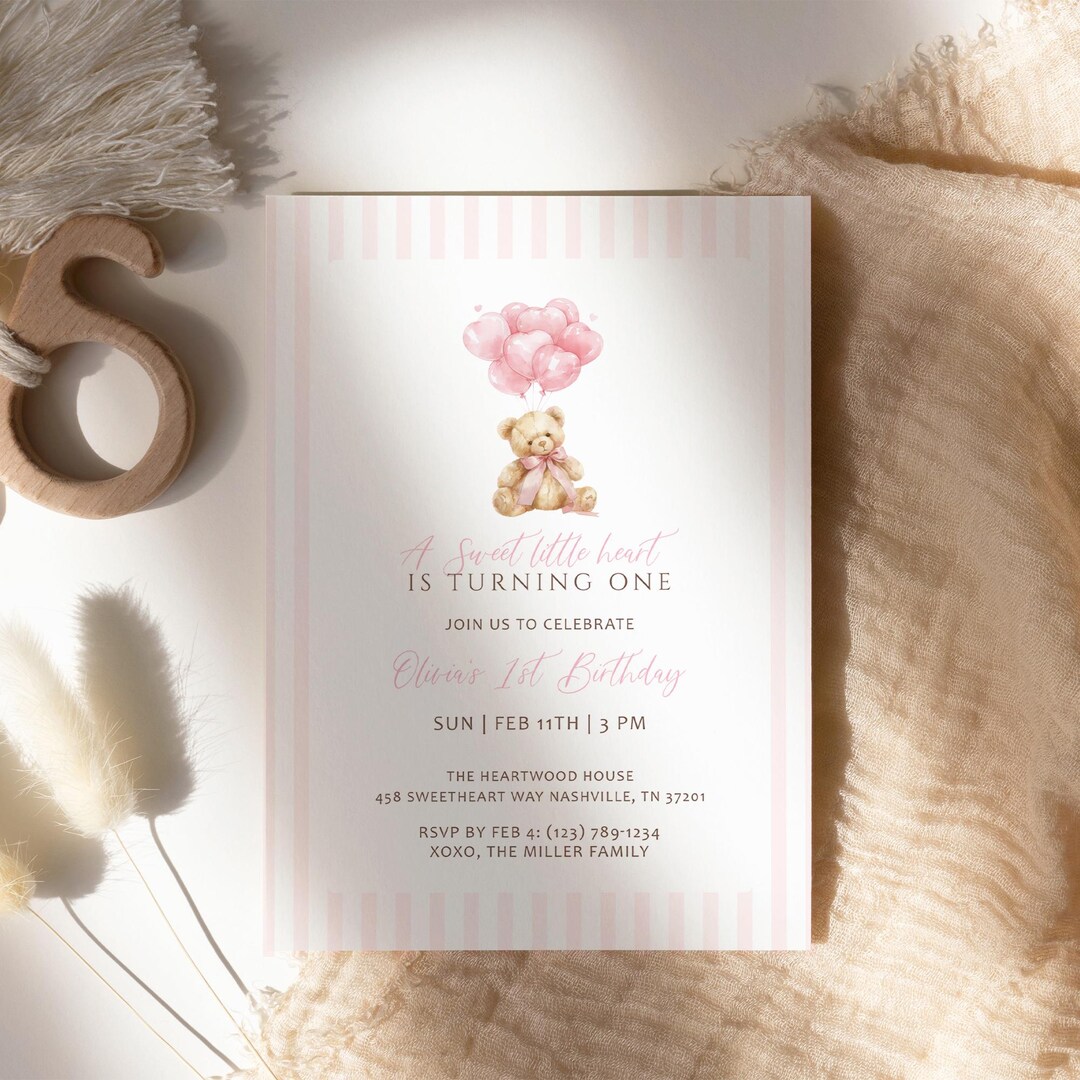 Pink Balloons Sweetheart Teddy Bear Baby Girl 1st Birthday Invite ...