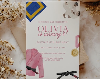 Pink Jujitsu Birthday Invitation Editable Template, Girl Martial Arts Sports Birthday Invite