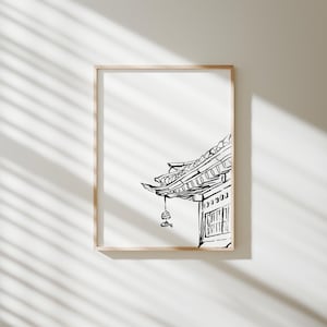 Hanok Line Drawing Art, Korean Traditional House, Korean Art, Printable Wall Art, Minimalist Korean Line Drawing Art, Instant download