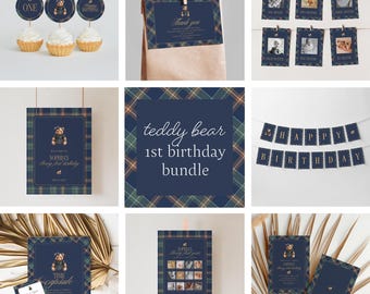 Teddy Bear 1st Birthday Invitation Bundle, Preppy Girl Plaid Party Editable Template