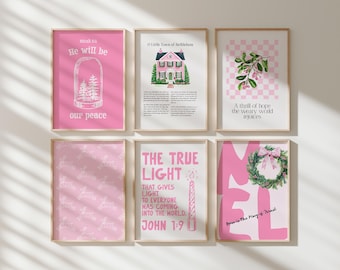 Pink Christian Christmas Wall Art Printable Set of 6 Preppy Bible Verse Prints