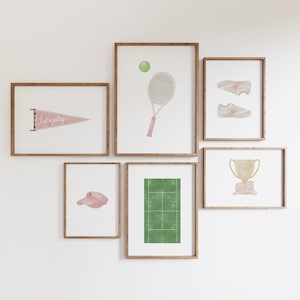 Pink Tennis nursery decor set of 6 digital prints, Pink Sports nursery wall decor, Girls Playroom tennis wall art, Kids Athlete wall decor