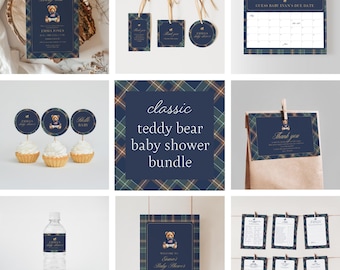 Teddy Bear Baby Shower Invitation Bundle, Plaid Boy Bearly Wait Preppy Editable Template