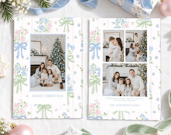 Sage Green and Blue Watercolor Bow Christmas Photo Card Template Two Sided Floral Design
