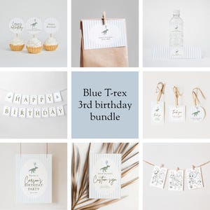 May include: A collection of blue and white party decorations with a dinosaur theme. Includes cupcake toppers, a banner, gift tags, water bottle labels, a welcome sign, a custom sign, and coloring pages. The text reads "Happy Birthday" and "Carson's Birthday Party".