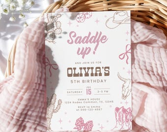 Pink Cowgirl Birthday Invitation Saddle Up Western Rodeo Vintage Editable Template