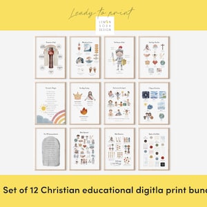 Christian educational bundle Set of 12 kids bible scripture Church Sunday school classroom wall art Christian Preschool Nursery Boho