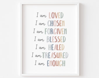 Kids Bible Affirmation printable wall art, I am blessed loved, Pastel Kids bible verse scripture wall Church nursery Sunday school decor