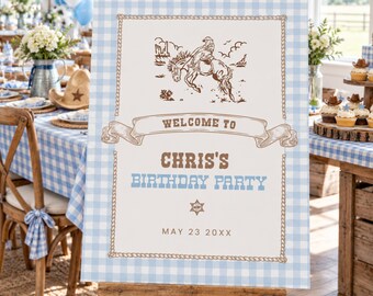 Blue Gingham Cowboy Birthday Welcome Sign Template for a Western Rodeo Party Digital Download