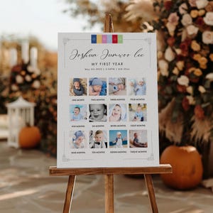 Modèle coréen de carte d'étape importante pour le premier anniversaire, aquarelle Doljanchi 12 mois Photo signe, décoration moderne traditionnel 1er anniversaire modifiable