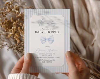 May include: A baby shower invitation with a blue and white striped background. The invitation reads "For a boy" and includes details for the event, including the date, time, and location. A watercolor bow tie graphic is featured.