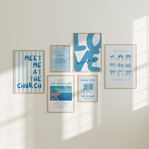Blue Coastal Christian Prints Set of 6 Wall Art, Digital Download, Bible Verse Decor, Coquette Room Decor, Trendy Apartment Preppy decor