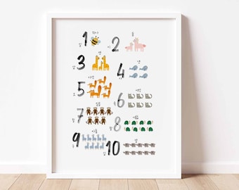 Impresión de números con temática de animales coreanos, póster en hangul coreano, impresión educativa coreana, póster en hangul, decoración de pared para guardería, descargas digitales