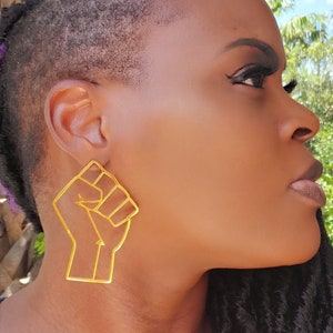 Raised Fist, Black Power Fist, Gold Plated Stainless Steel Revolution Earrings Large