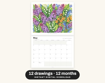 2027 Wall Calendar Printable, Colored Pencil Flower Art, Botanical Monthly Calendar, Sunday or Monday Start, US Letter and A4