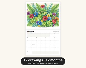 LGBTQ 2027 Wall Calendar Printable, Colored Pencil Flower Art, LGBTQ Calendar with Days of Visibility, Sunday or Monday Start, PDF