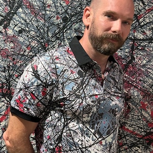 Jackson Pollock Inspired Graphic Print Shirt. Art Golf Performance Polo Shirt. Unique Fathers Day Gift For him. Artsy all over print shirt