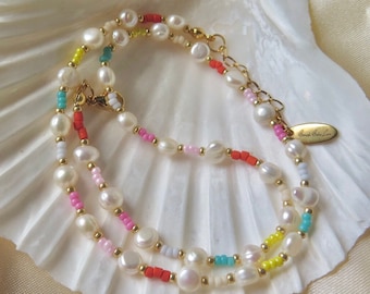 Colourful Beaded Necklace | Rainbow Necklace | Beaded Pearl Necklace | Cute beaded Necklace | Pearl Necklace | Freshwater Pearls | Handmade