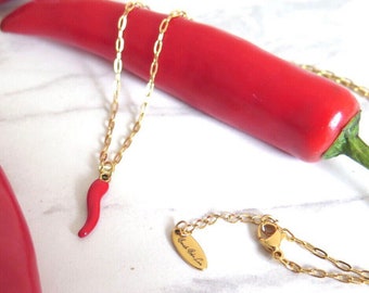 Chili Pepper Charm Necklace | Chili Necklace | Chili Pepper Necklace | Chili Charm | Gold Charm Necklace | Stainless Steel Necklace