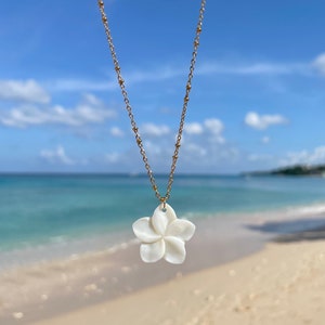 Frangipani Necklace | Plumeria Necklace | Mother of Pearl | Flower Necklace | Flower Charm Necklace | Boho Beachy | Hawaiian Necklace