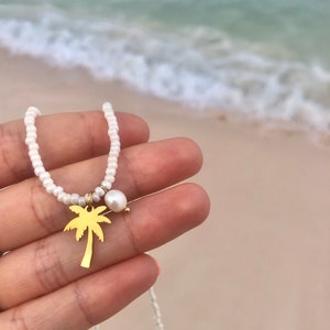 Palm Tree Necklace | Beachy Necklace | Beachy Vibes | Island Jewellery | Summer Necklace | Gold Charm necklace | Beaded Necklace | Handmade