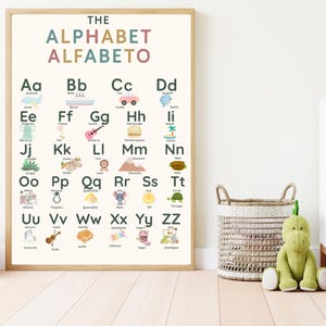 Bilingual Alphabet Poster | English & Spanish ABCs | Neutral Printable Wall Art for Kids | Abecedario Digital Download
