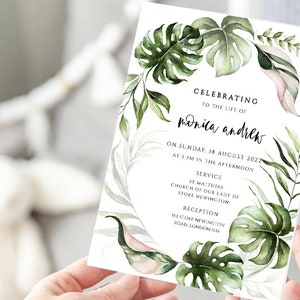 Botanical Funeral Announcement Card, Greenery Funeral Invitation Template, Memorial Service/Reception Card Template, Editable Printable