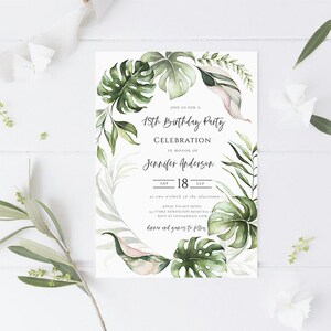 Tropical Birthday Card, Birthday Invitation,Birthday Card Template,INSTANT DOWNLOAD,Green Birthday Card,Party Invitations,Celebration invite
