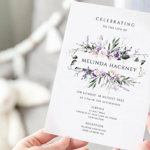 Purple Lavender Funeral Announcement Prayer Card, Funeral Invitation Template, INSTANT DOWNLOAD, Memorial Service/Catholic Card Template