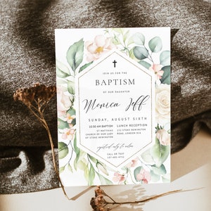 Floral Baptism Invitation Template, Girl and Boy Baptism, Christening Invite, Floral Baptism, INSTANT DOWNLOAD, Religious Invitation