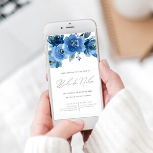 Electronic Celebrating of Life Invite Template, Online Navy Blue Funeral Invitation Template, Online Memorial Service, Obituary Celebration