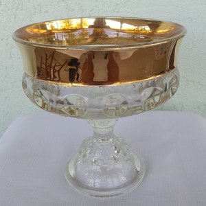 Vintage Kings Crown Compote-Gold Band Compote-Kings Crown Thumbprint Design-Elegant Candy Dish-Gold Flashing-Entertaining-Vintage Home Decor