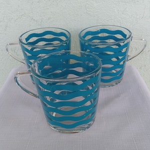 Vintage Drinkware-Ikea Glasses-Set of Three-Tea or Coffee Mugs-Glass Mugs-Ikea Mugs-Made in France-Wavy Blue Stripe-7 oz Mugs-Three in Set