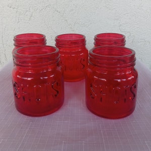 Vintage Red Glass Shot Glasses-Set of Five-Holiday Cocktails-Barware-Drinkware-Small Mason Jar Shot Glasses-Hostess Gift=Shots-Drinking Game
