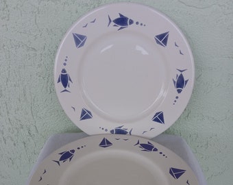 Vintage Varages Plates-Made in France-Blue and White Plates-Fish and Sailboat Plates-Collectible Varages Plates-French Kitchen-Set of Two
