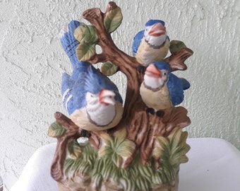 Vintage Musical Blue Bird Figurine-Repaired/Chip-Priced to Sell-Three Blue Birds-Taiwan-Porcelain Bird Figurine-Musical Figurine-Collectible