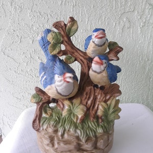 Vintage Musical Blue Bird Figurine-Repaired/Chip-Priced to Sell-Three Blue Birds-Taiwan-Porcelain Bird Figurine-Musical Figurine-Collectible