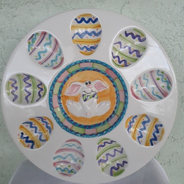 Vintage Deviled Egg Plate-Easter Egg Plate-Ceramic Deviled Egg Plate-Easter Bunny Egg Plate-Worlds Bazaar-Handwash-Pastel Egg Plate-Spring