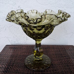 Vintage Fenton Thumbprint Compote-Footed Pedestal Candy Dish-Ruffled Compote-1960&#39;s Green Glass-Art Glass-Vintage Fenton-Ruffled Candy Dish