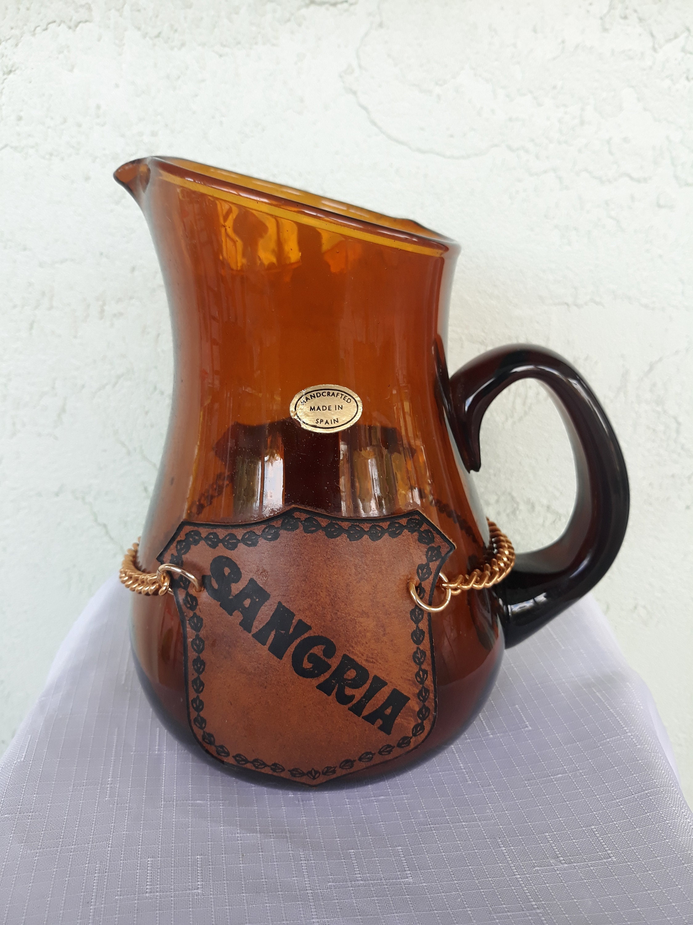 Vintage Sangria Pitcher-amber Glass Sangria Pitcher-handcrafted-made in  Spain-1970s Sangria Pitcher-amber Glass Pitcher-spanish Decor-decor 