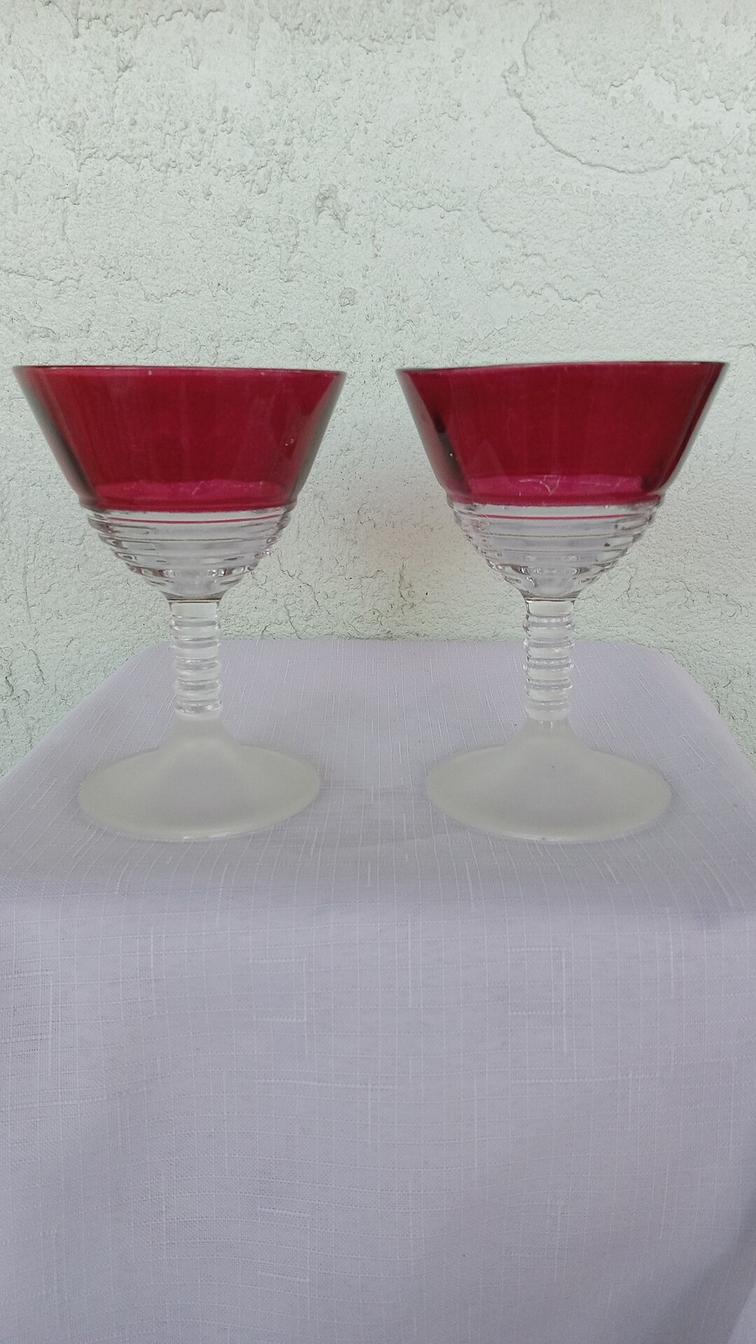 Vintage Cranberry Dessert Wine Glassesset of Twoflashed Glass