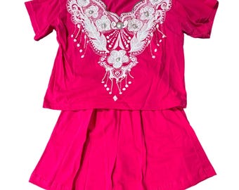 Fast Fashion of California Ensemble short deux pièces rose fuchsia à paillettes florales et perles, taille unique