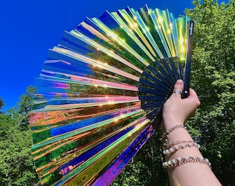 Iridescent Hand Fan | Rave Fan | Festival Accessories | Renaissance Festival Fan | Pride Fan | EDM Rave Gear | Performance Prop | Xmas Gift