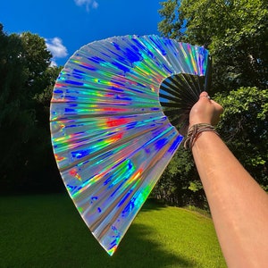 Holographic Hand Fan | Rave Fan | Iridescent Fan | Large Folding Fan | Clack Fan | Fairy Outfit | Pride Fan | Rainbow Fan | Coachella Outfit