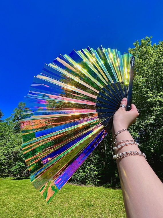 Iridescent Hand Fan | Rave Fan | Festival Accessories | Renaissance Festival Fan | Pride Fan | EDM Rave Gear | Performance Prop | Xmas Gift