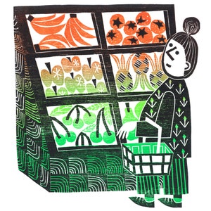 Buying Fruit Woodcut Print
