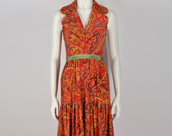 SUSAN SMALL Vestido vintage con cuello halter y estampado paisley, tallas XS-S, de terciopelo de algodón colorido, con cuello halter y estampado paisley vibrante. Tallas S