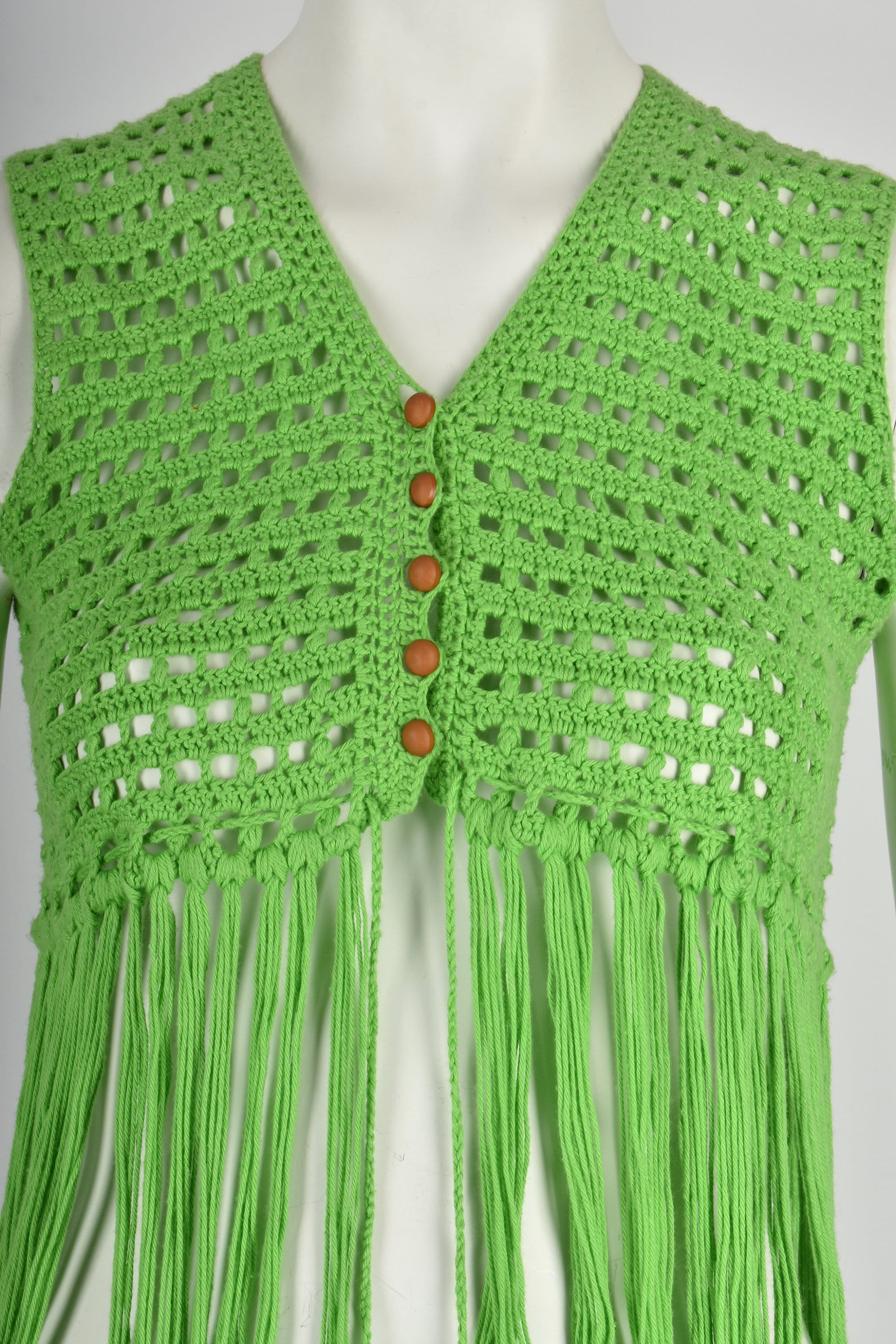 VINTAGE 1960s 60s Lime Green Crochet Fringe Waistcoat Vest S Etsy