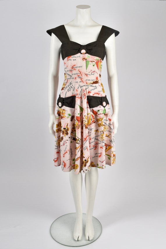 MISS MOUSE 70s novelty print dress / S Caribbean 5